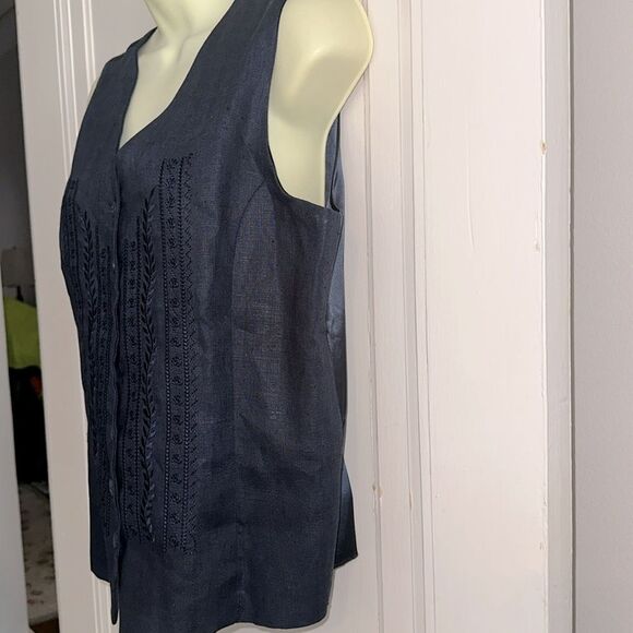Vintage Bridgewater Classics Dark Navy Blue Embroidered Linen Vest - Picture 4 of 8